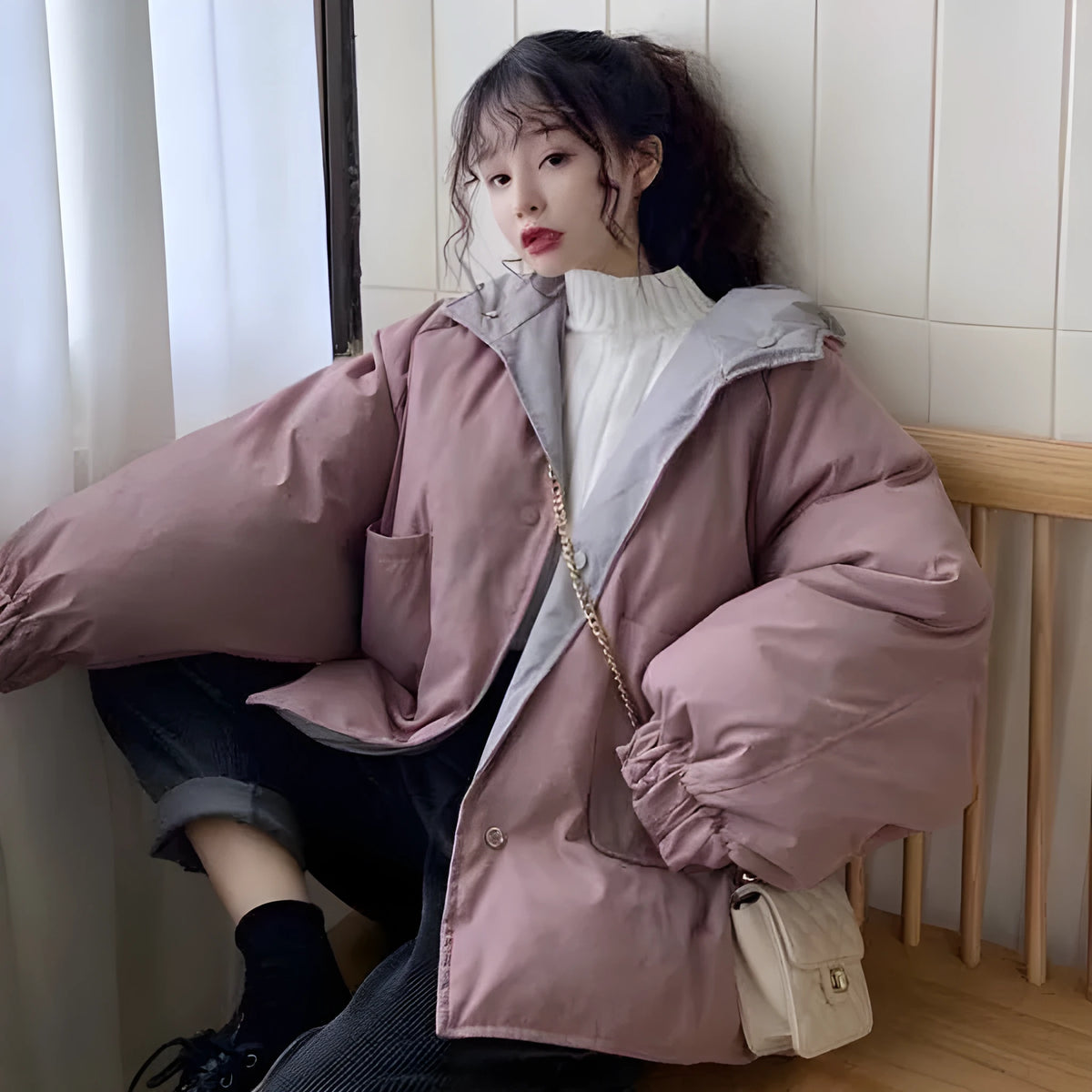 Reversible coat in pink or apricot, straight fit, medium thickness, polyester, sizes S to 2XL