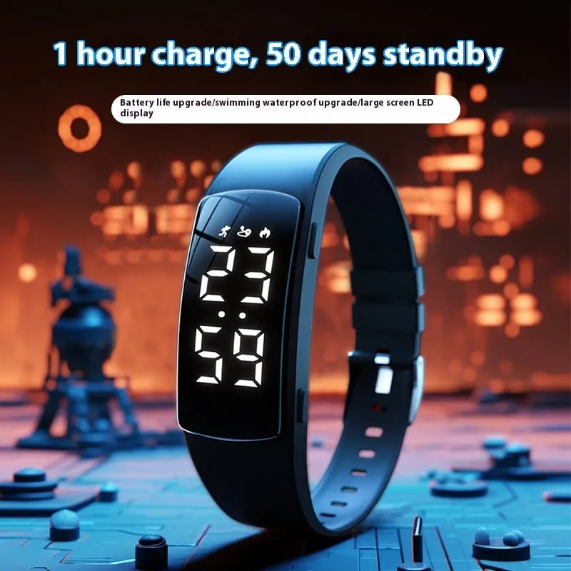 Smart electronic watch with LED display showing time, featuring vibration alarm and 50 metre waterproof rating with silicone strap
