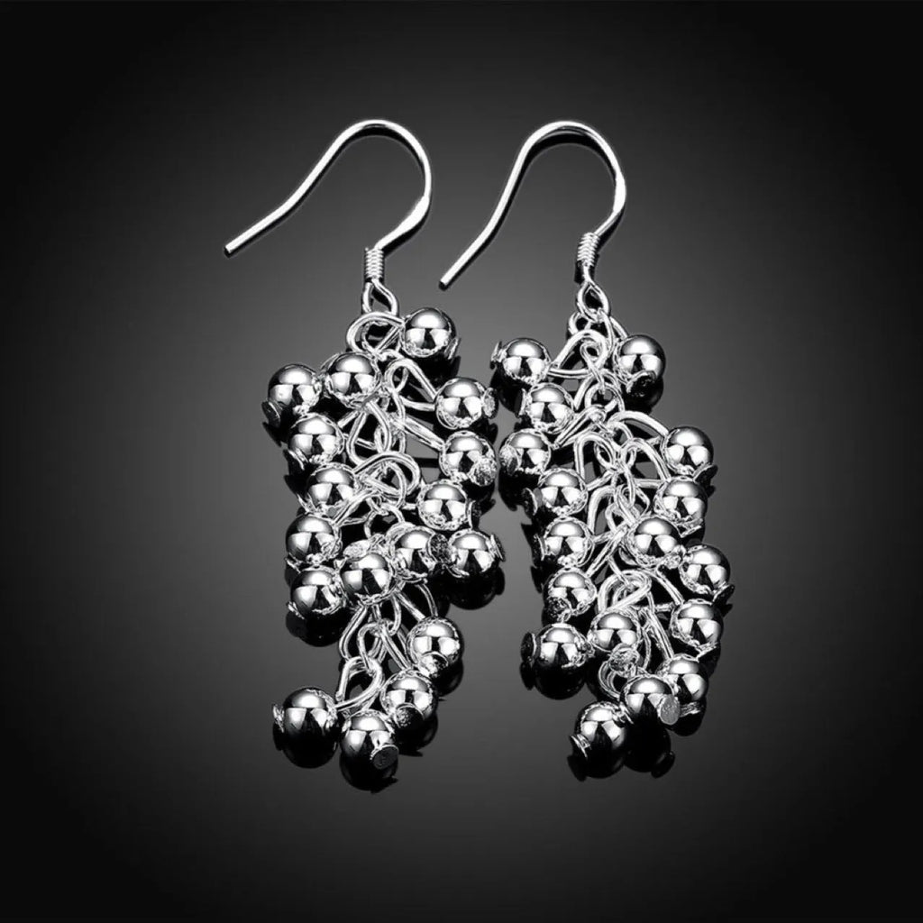 Silver light bead string earrings for women, electroplated copper dangle earrings, 6.8g pair