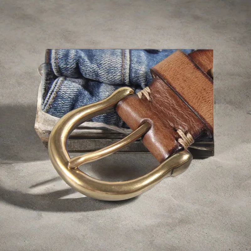 Men's casual leather belt in first layer cattlehide with copper pin buckle, shown in black.