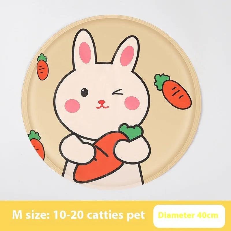 Round pet cooling mat with cartoon dog design, gel-filled for summer heat relief.