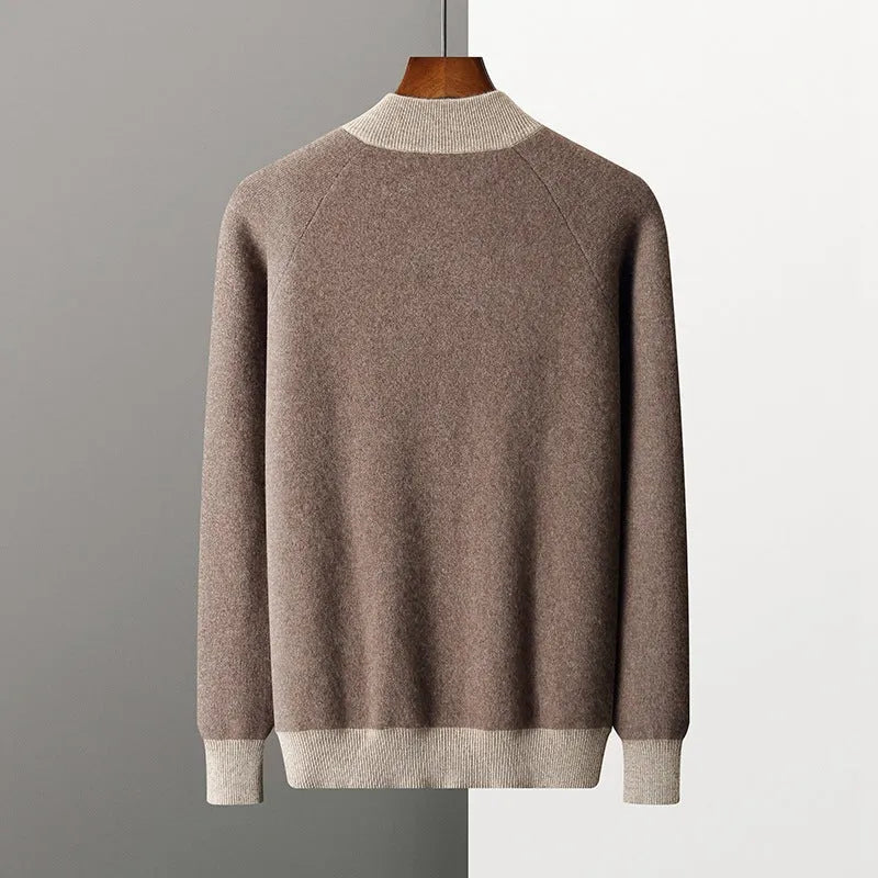 Men's cashmere wool blend cardigan suit with half-turtleneck zip jacket and matching trousers in winter colours