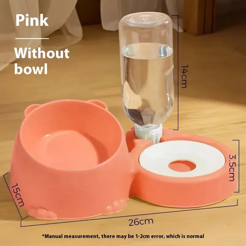 Haze blue plastic automatic pet waterer and food bowl with two compartments and a large water reservoir at the back.