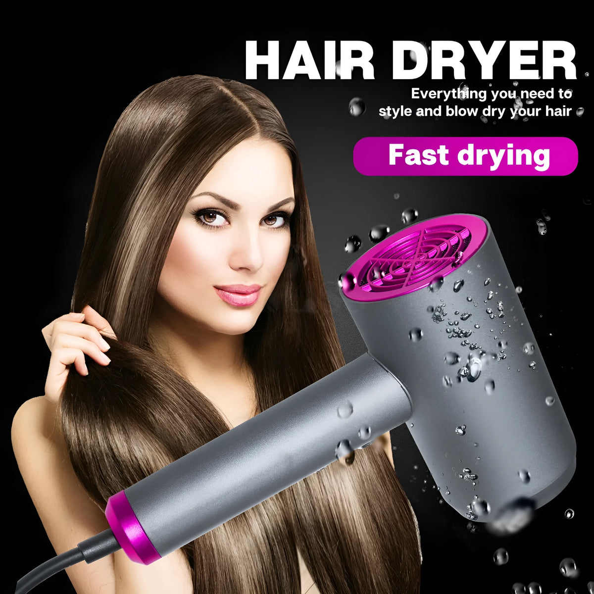 Grey PA nylon hair dryer with hot and cold air, three speed gears, diffuser and air collector, EU or US plug
