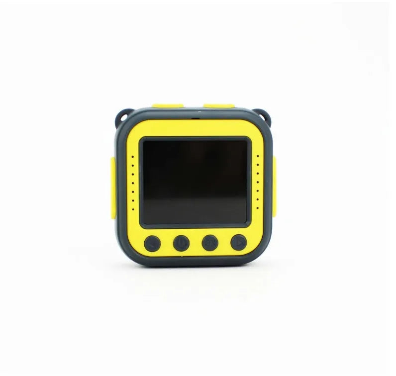 Yellow children's waterproof sports camera with 1.77-inch screen showing dimensions of 60x60x25mm