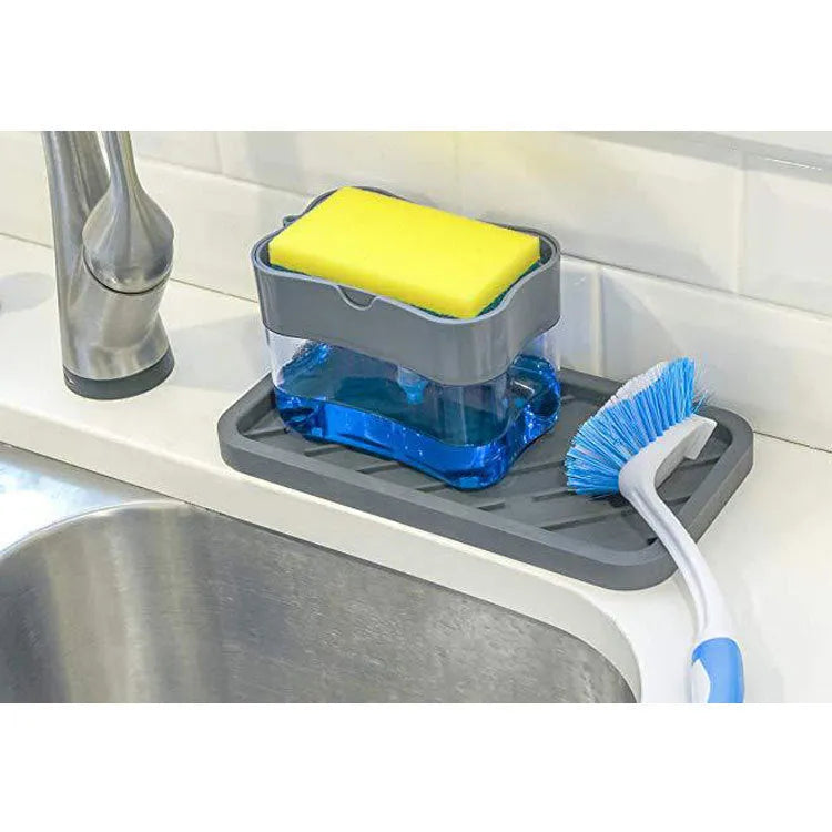 Grey and silver plastic kitchen countertop soap dispenser with pump