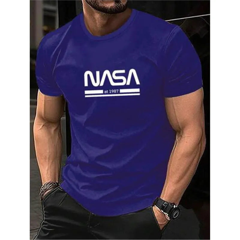 Men's printed slim-fit letters short sleeve cotton T-shirt shown in multiple colour options.