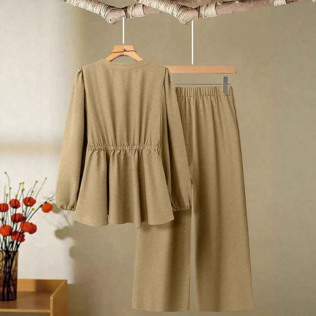 Women's woven polyester two-piece suit in wine red with button-front long-sleeved top and matching full-length trousers