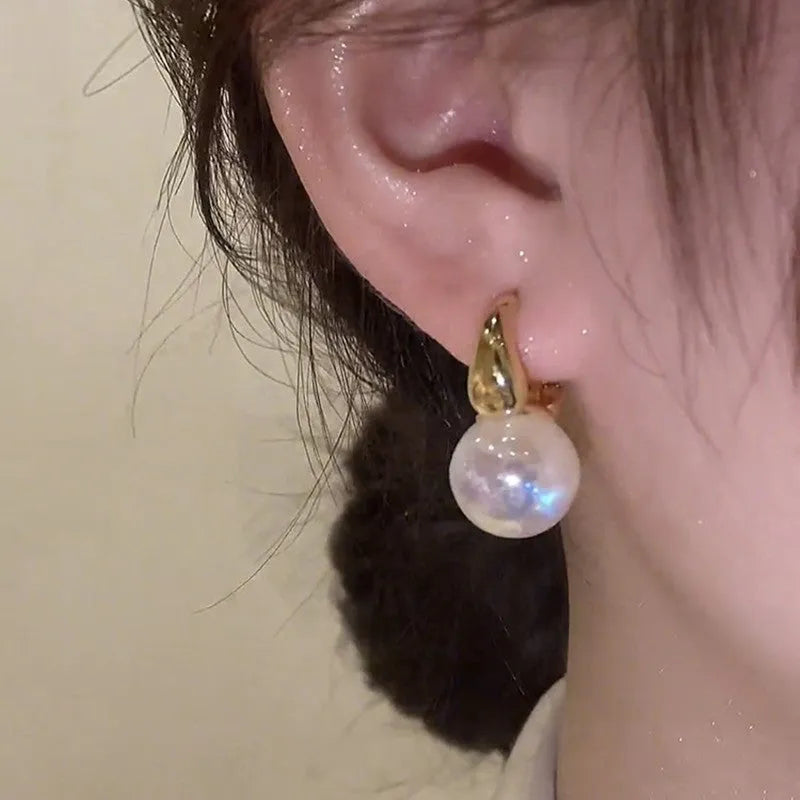 Mermaid pearl earrings for women, clip-on style, 14K gold plated copper, U-shaped, white colour