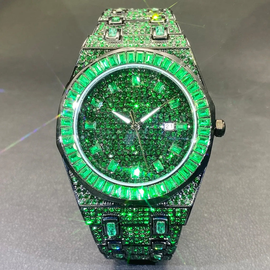 Men's green full rhinestone hip hop quartz watch with 13mm alloy case