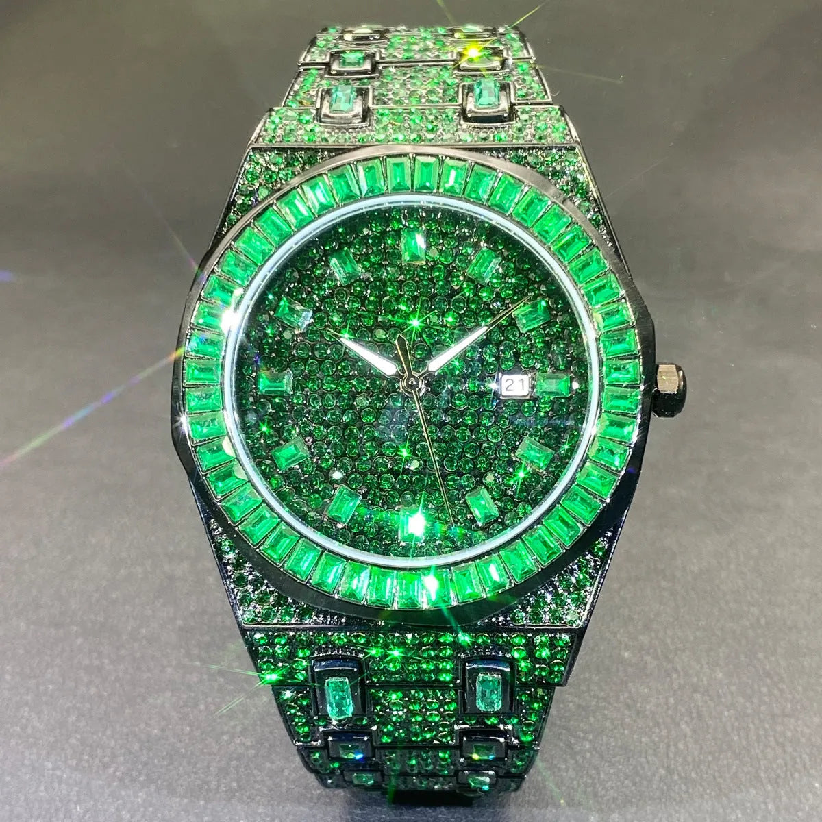 Men's green full rhinestone hip hop quartz watch with 13mm alloy case