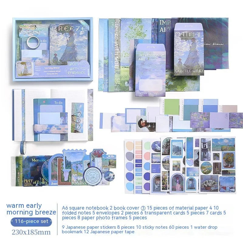 Hand Account Suit creative journal gift box open to show A6 grid notebook, assorted papers, cards, stickers, and a water drop bookmark.