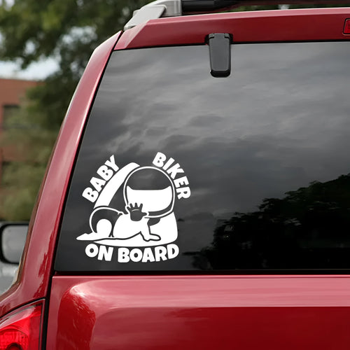 Black and white reflective car sticker with humorous 'Baby On Board' warning text.