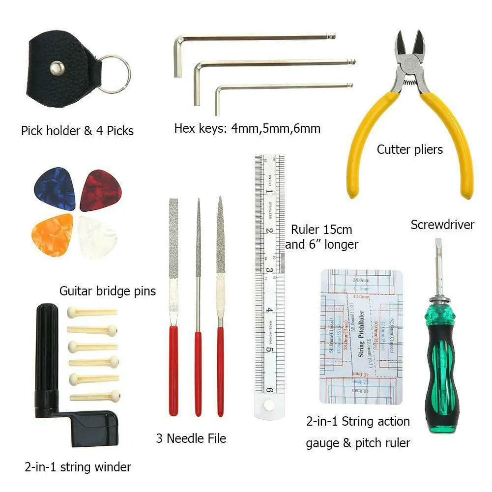 Open black guitar repair kit showing truss rod wrench, string action ruler, and cleaning tools in moulded plastic case