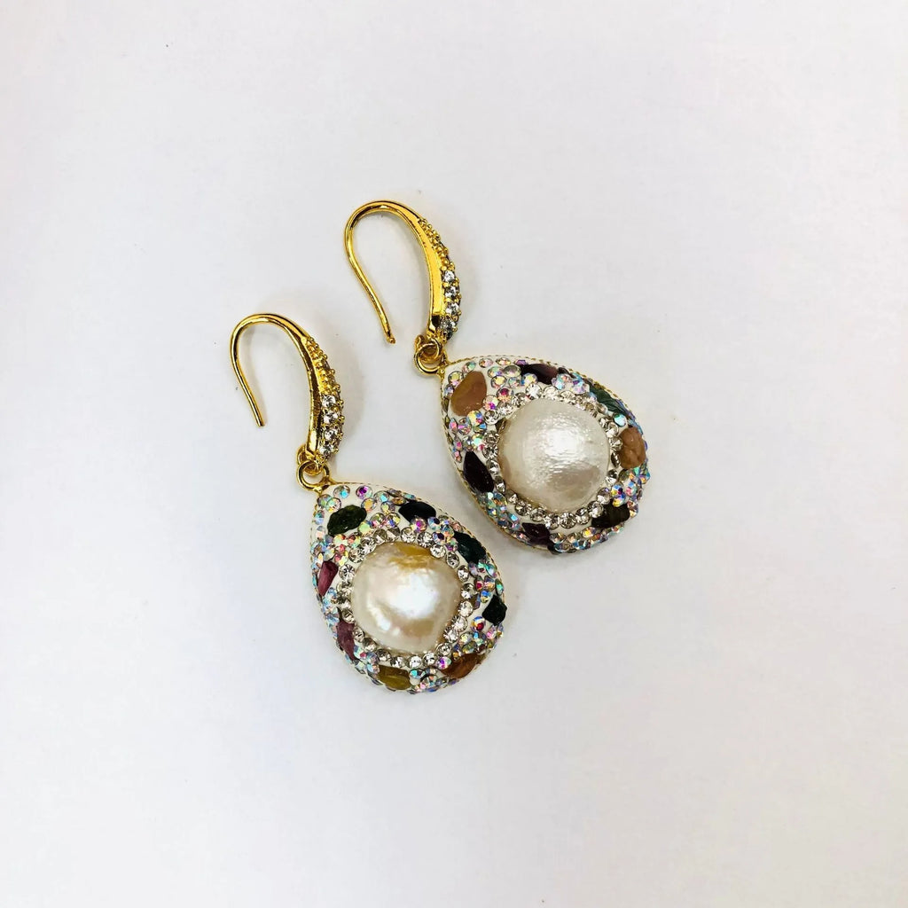Natural freshwater pearl teardrop copper earrings for women colourful diamond inlay dangle style