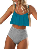 A striped and ruffled backless bikini set on a mannequin, shown in peacock blue colour.