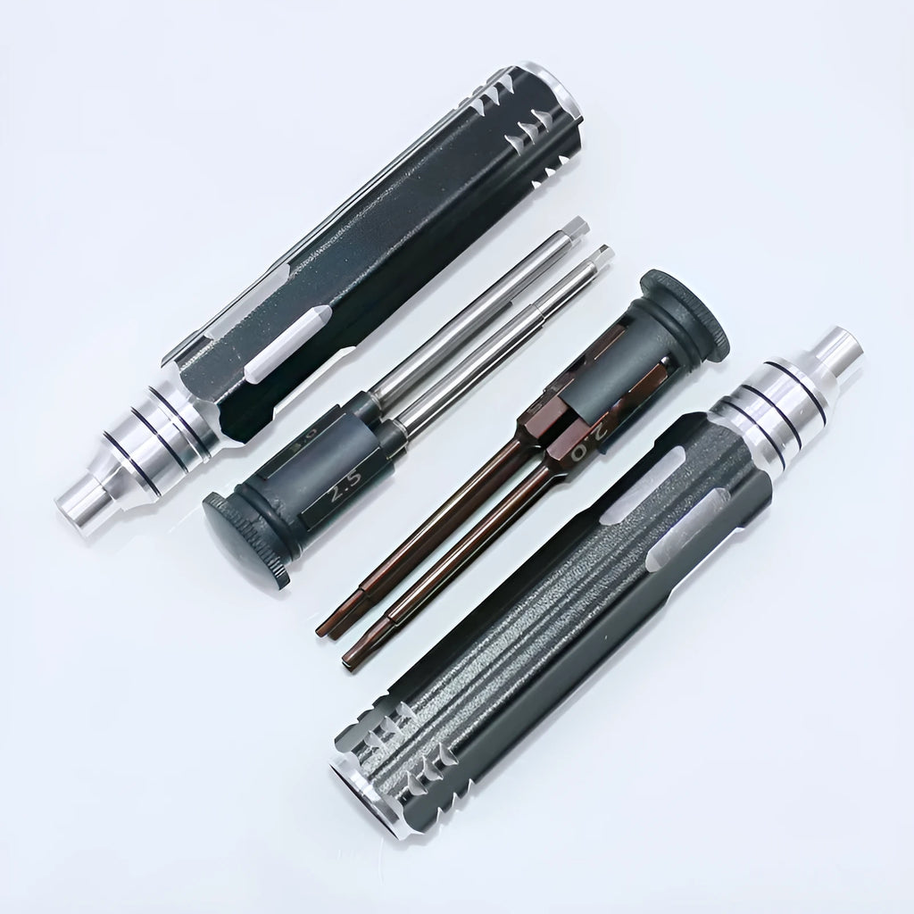 Four-in-one hexagonal screwdriver with bronze aluminium handle and four chrome vanadium steel hex bits