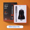 Student automatic suction pen set showing pen, ink feeder, handbag, and manual with 0.38mm and 0.5mm nib options.