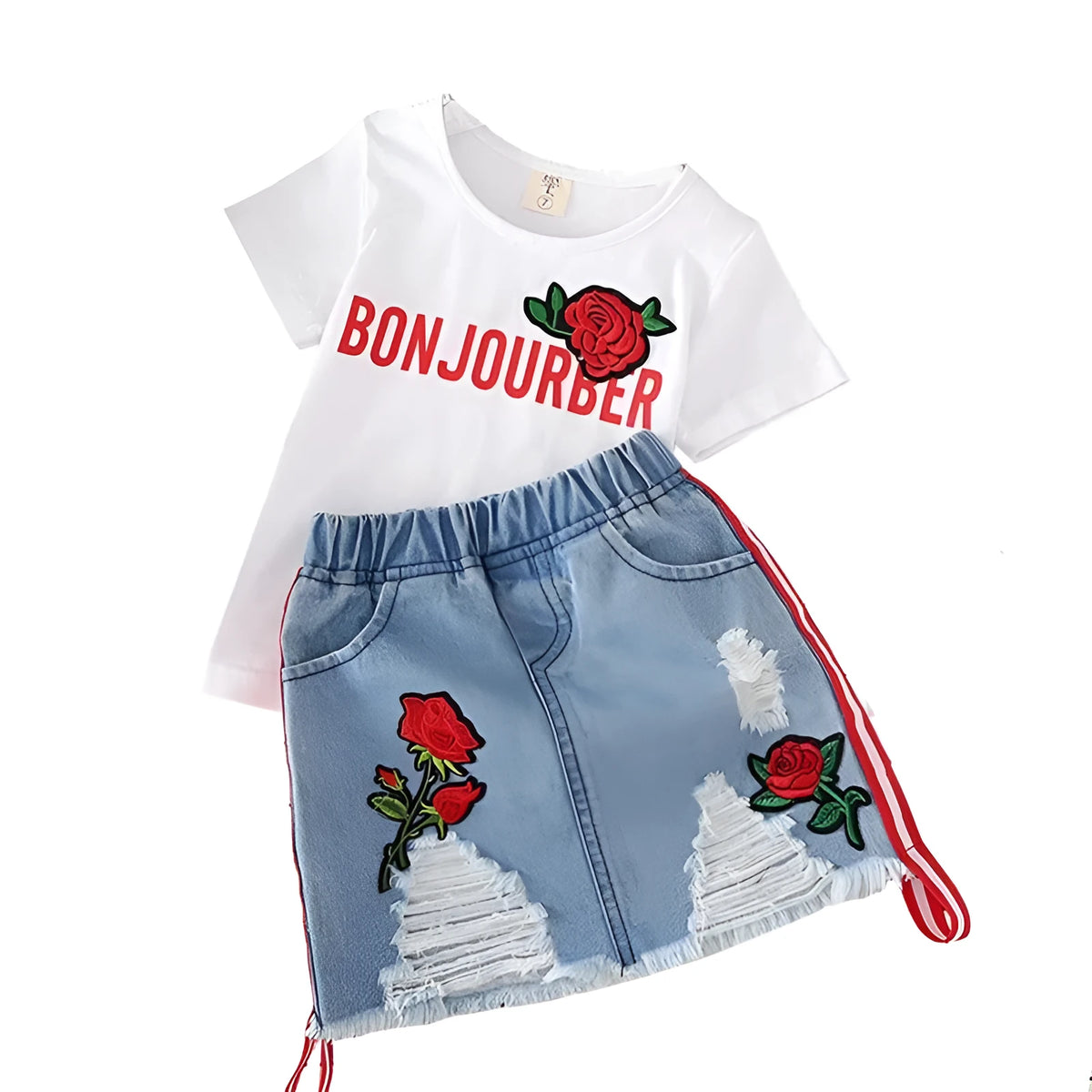 Girls 2 piece outfit with white t-shirt and denim skirt, black or red letters, sizes 100cm to 140cm