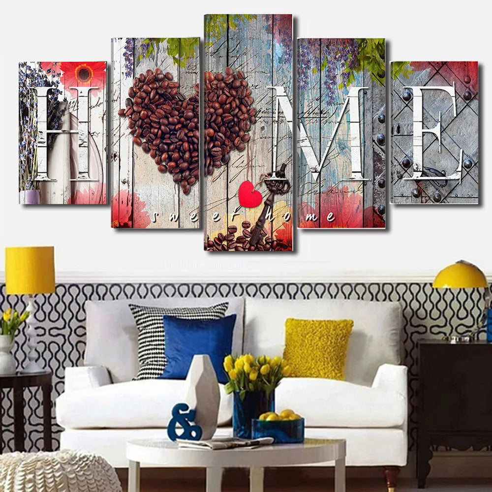 Red oil painting style wall panels in graduated sizes for coordinated home decoration