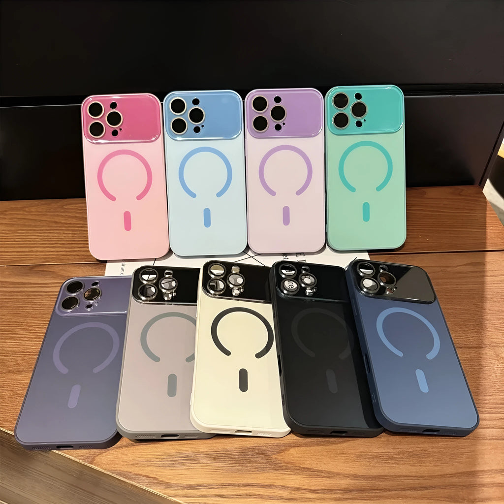 Frosted magnetic iPhone case with large window, PC shockproof cover, five colours, iPhone 11 to 17 Pro Max