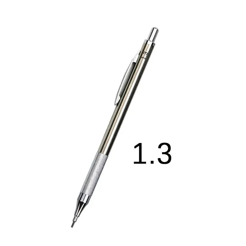 Metal mechanical pencil with automatic lead advancement mechanism and multiple lead size compatibility