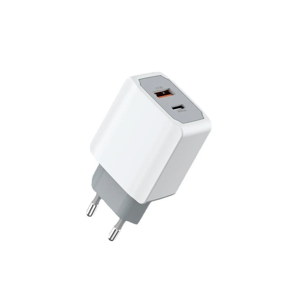 White universal phone fast charger set with European standard cable and compact dimensions