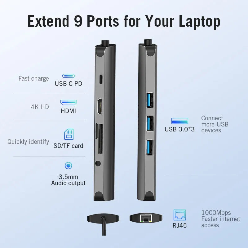 Deep grey CNDHB USB-C hub showing HDMI, Ethernet, USB ports, and card slots next to a laptop.