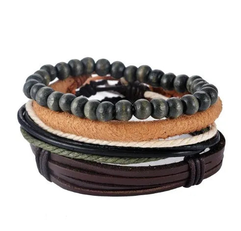Handwoven adjustable leather bracelet with multilayer wooden beads and rope for a vintage punk style.