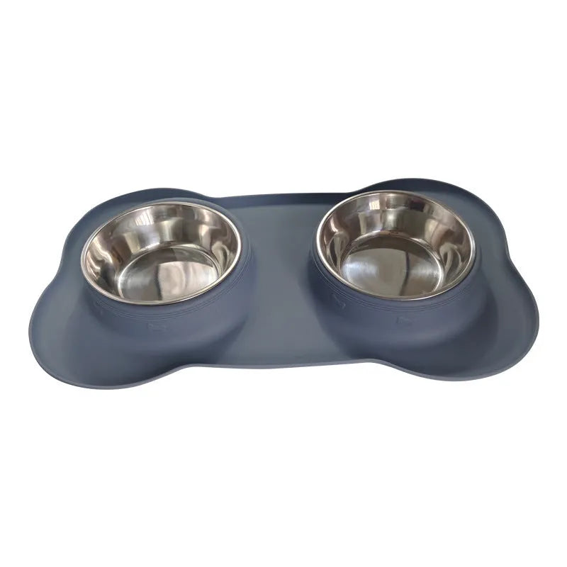 Large double dog bowl silicone mat set in chosen colour with stainless steel bowls