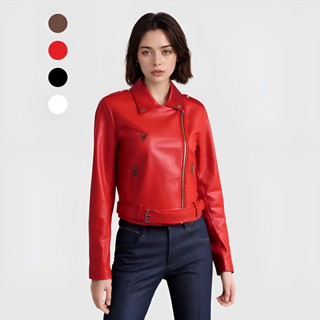 Women's black short PU leather biker jacket with an adjustable waist belt, shown on a hanger.