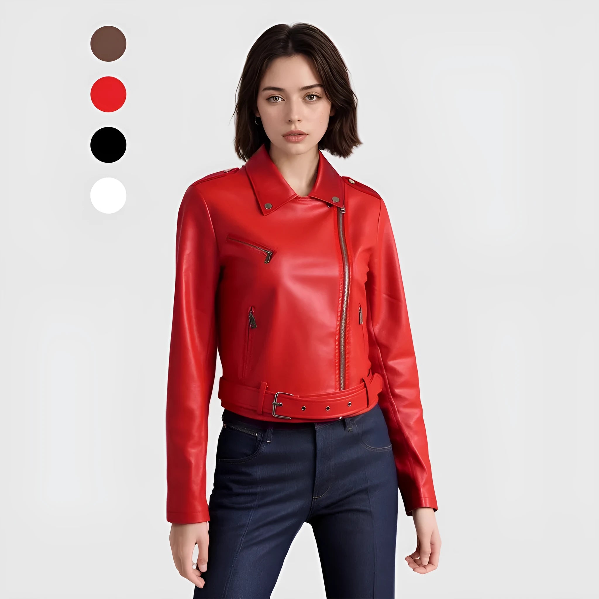 Women's black short PU leather biker jacket with an adjustable waist belt, shown on a hanger.