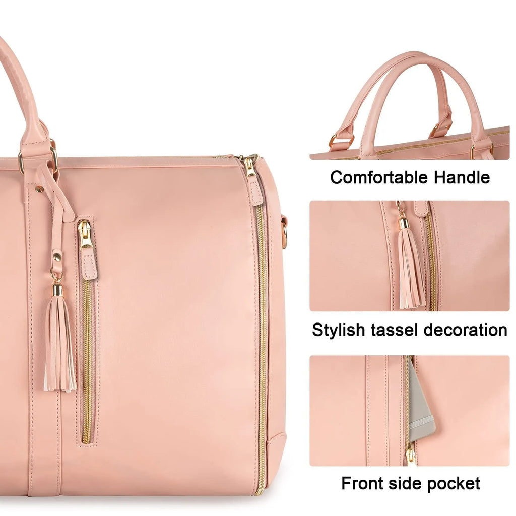 Large capacity waterproof travel duffle bag for women in pink, foldable PU material with contrast stitching and lock detail