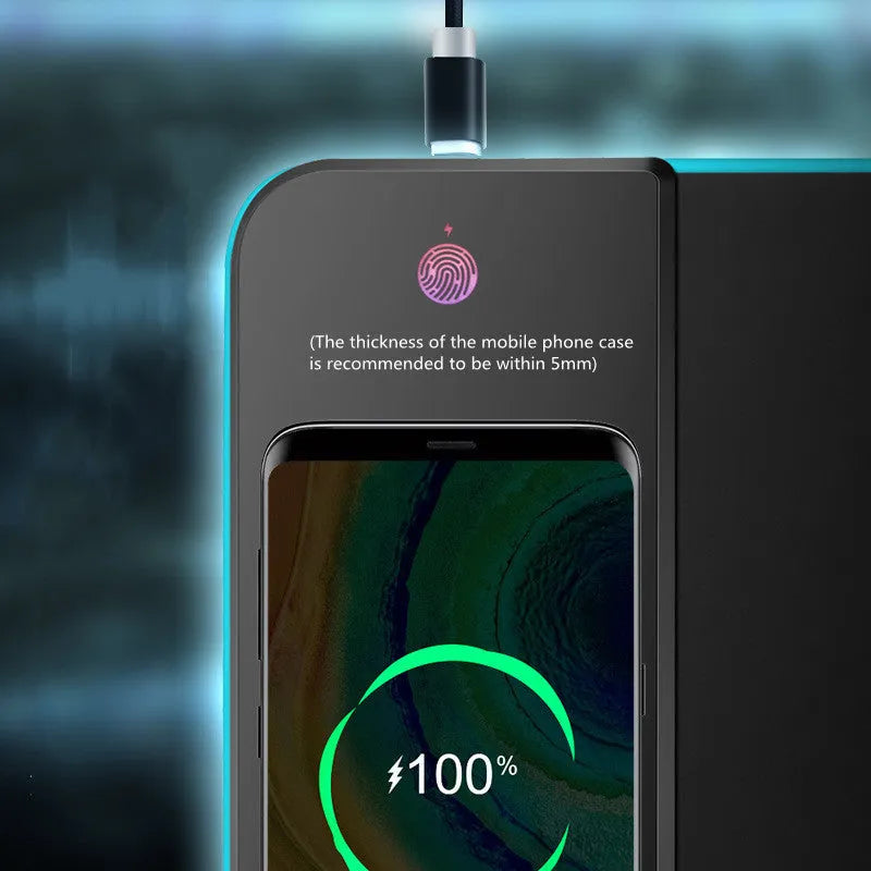Wireless charging RGB luminous mouse pad, 300x800x4mm, rubber and cloth, 10W charging, with data cable and colour box