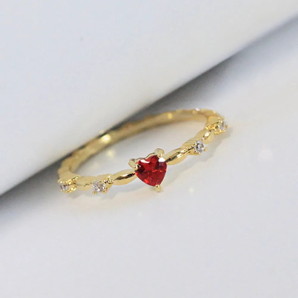 Personalised zircon peach heart ring in gold or silver electroplated copper with engraving option