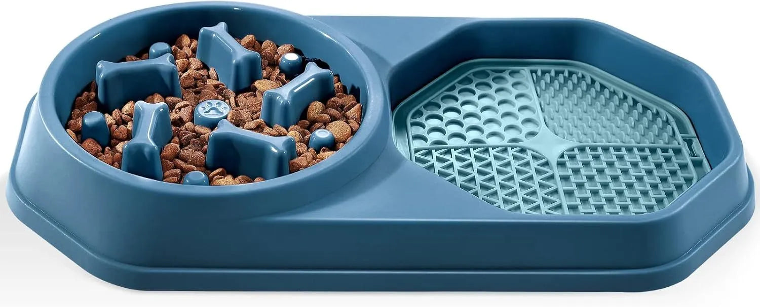 Blue slow feeder dog bowl with maze pattern for anti-gulping, shown with non-slip pads.