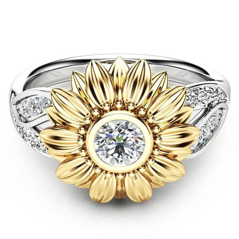 Gold-plated sunflower colour separation zircon crystal couple ring in silver, 15mm width