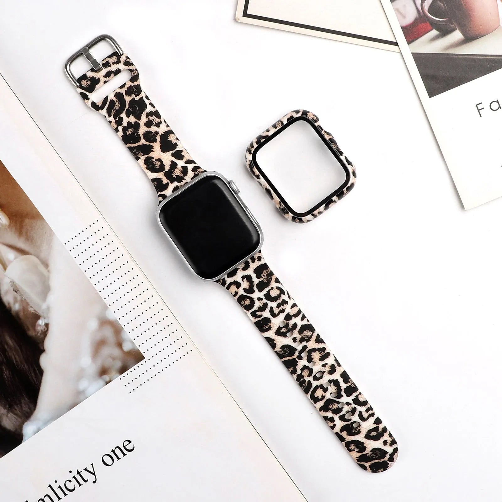 Printed silicone replacement watch strap for Apple iWatch showing multiple design options and size fit.