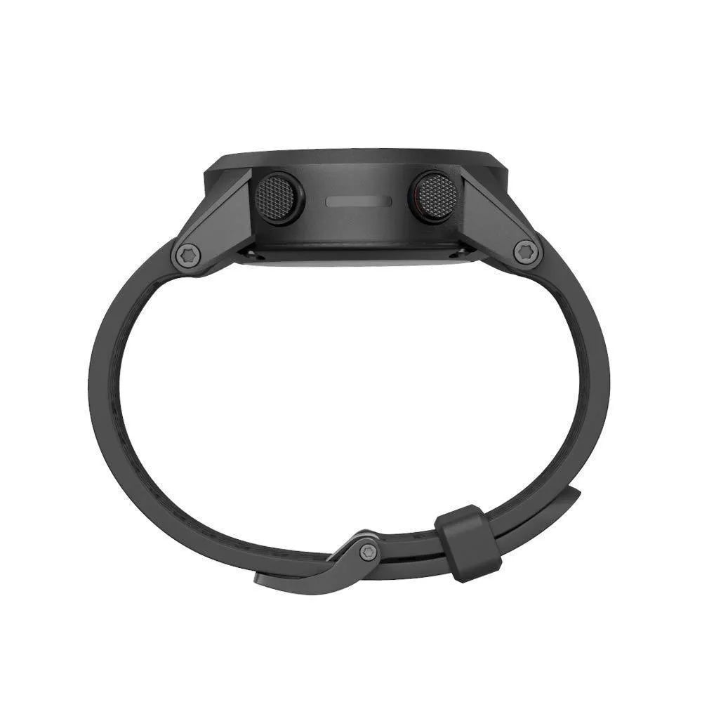 Black silicone Jiaming watch strap with stainless steel button showing 26mm width measurement
