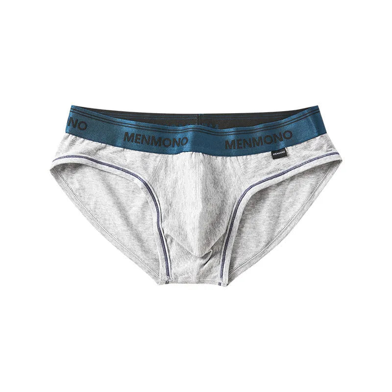 Men's low waist cotton briefs showing two-tone colour combinations including black/blue and white/red options
