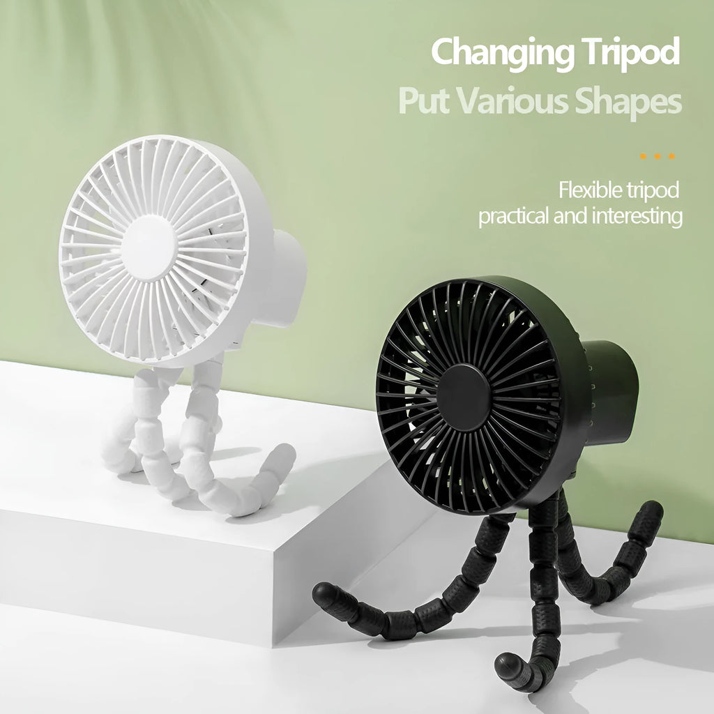 USB-powered portable desk fan with flexible tripod legs and a removable front cover, shown in white.