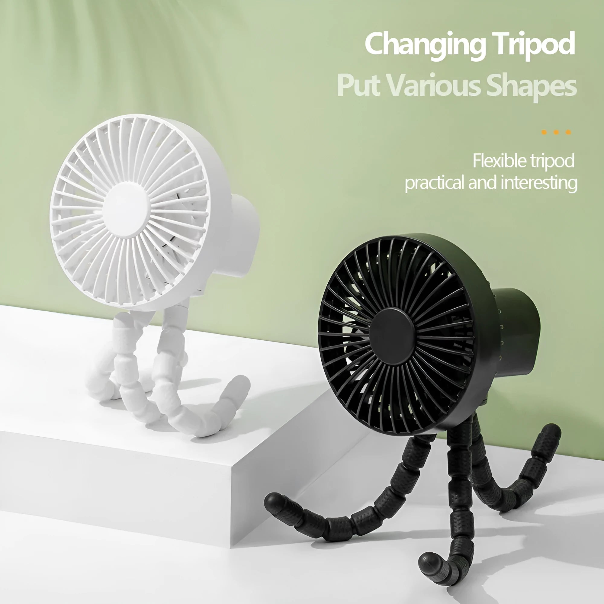 USB-powered portable desk fan with flexible tripod legs and a removable front cover, shown in white.