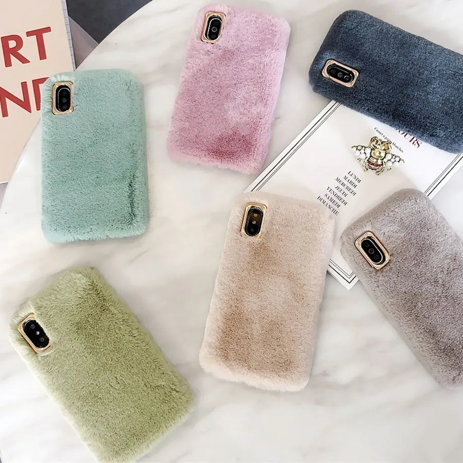 Rabbit plush iPhone case with silicone shell in apricot colour showing raised camera protection