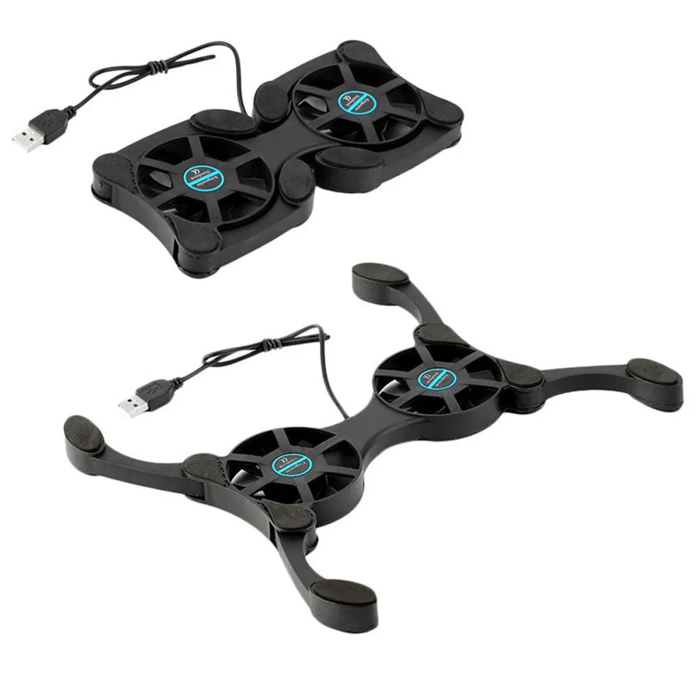 Black portable folding laptop cooler with dual 70mm fans and anti-slip pad