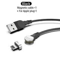 Rotating magnetic three-in-one charging cable with blind magnetic connector in 1m length, black colour, with interchangeable Apple, Type-C, and Android heads