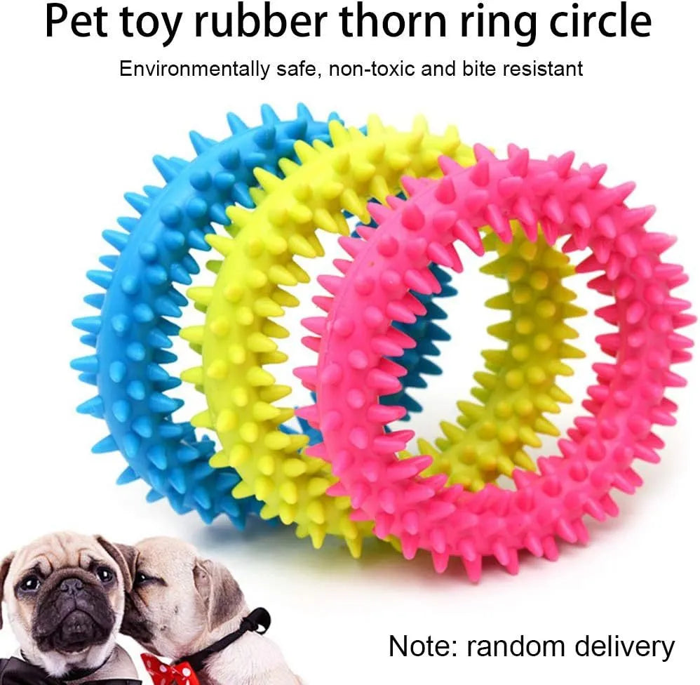 Blue spiky circle ring dog chew toy made from TPR for cleaning teeth and bite training.