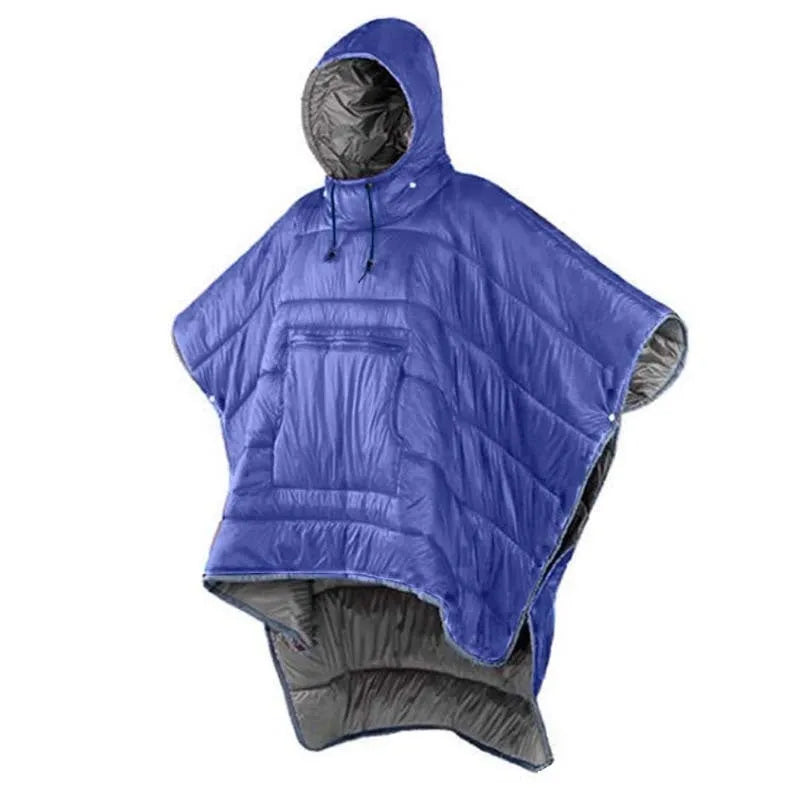Outdoor cloak sleeping bag in grey or army green, showing wearable cape configuration and flat blanket layout