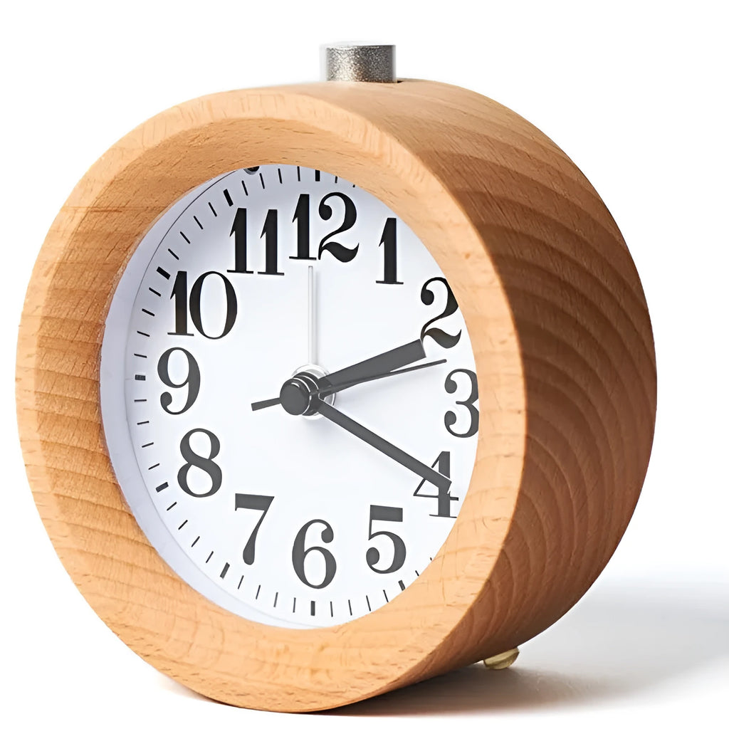 Solid beech wood analogue alarm clock with a white dial and small mirror.