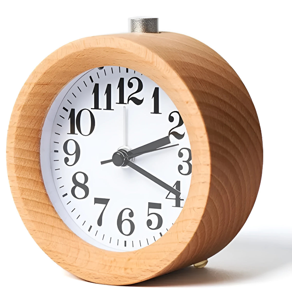 Solid beech wood analogue alarm clock with a white dial and small mirror.