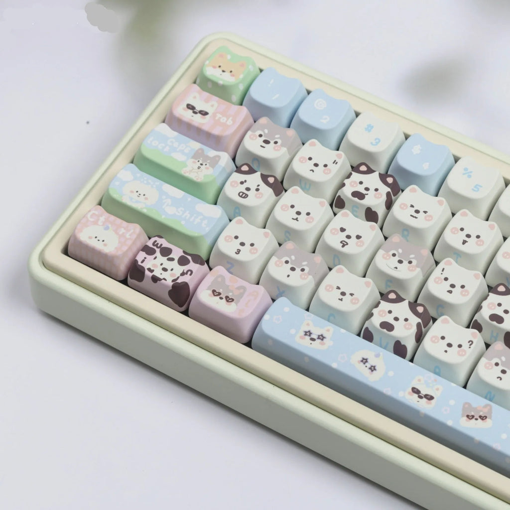 PBT plastic keycap set featuring colourful puppy design for mechanical keyboards